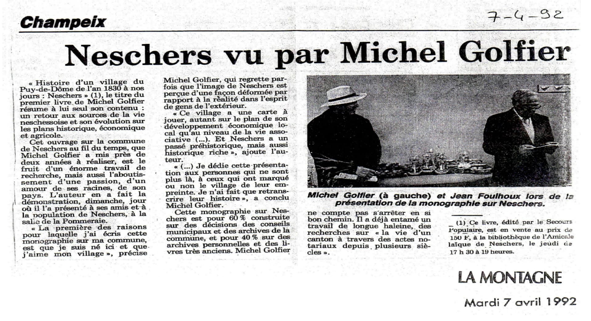 Articles de presse publiés en 1998 sur L'Histoire d'un village du Puy-de-Dôme de l'an 1830 à nos jours, Neschers.